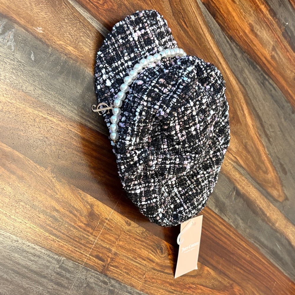 Juicy Couture Black and Pink Tweed Beret with Pearl Trim